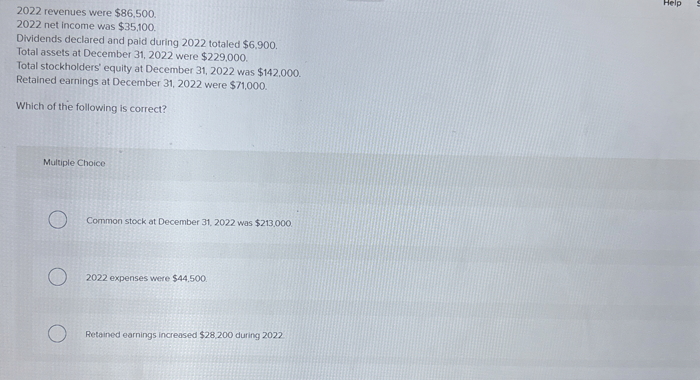  2022 revenues were $86,500. 2022 net income was $35,100. Dividends declared