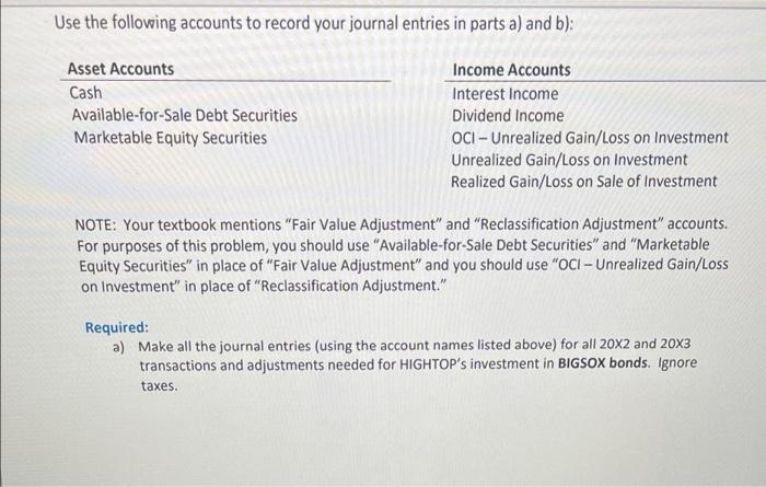 Problem 3 - Investments in Securities On January 1, 20x2, HIGHTOP invested