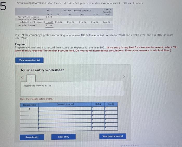 James Industries' first year of operations. Amounts are in millions of dollars