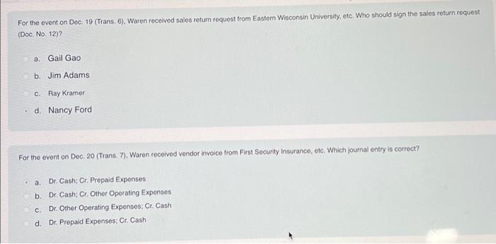  For the event on Dec. 19 (Trans. 6), Waren received sales