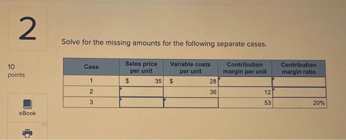  Solve for the missing amounts for the following separate cases. Solve