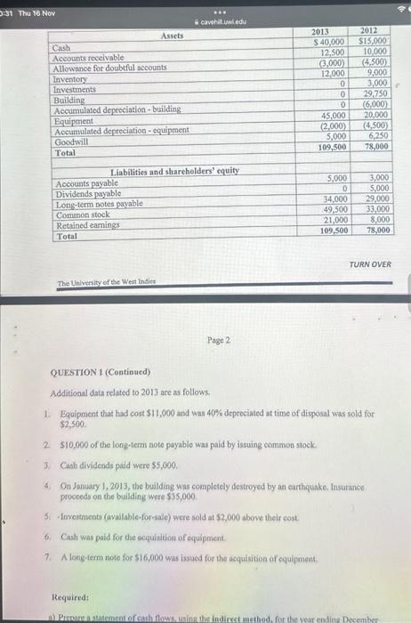  QUESTION 1 (Continued) Additional data related to 2013 are as follows.