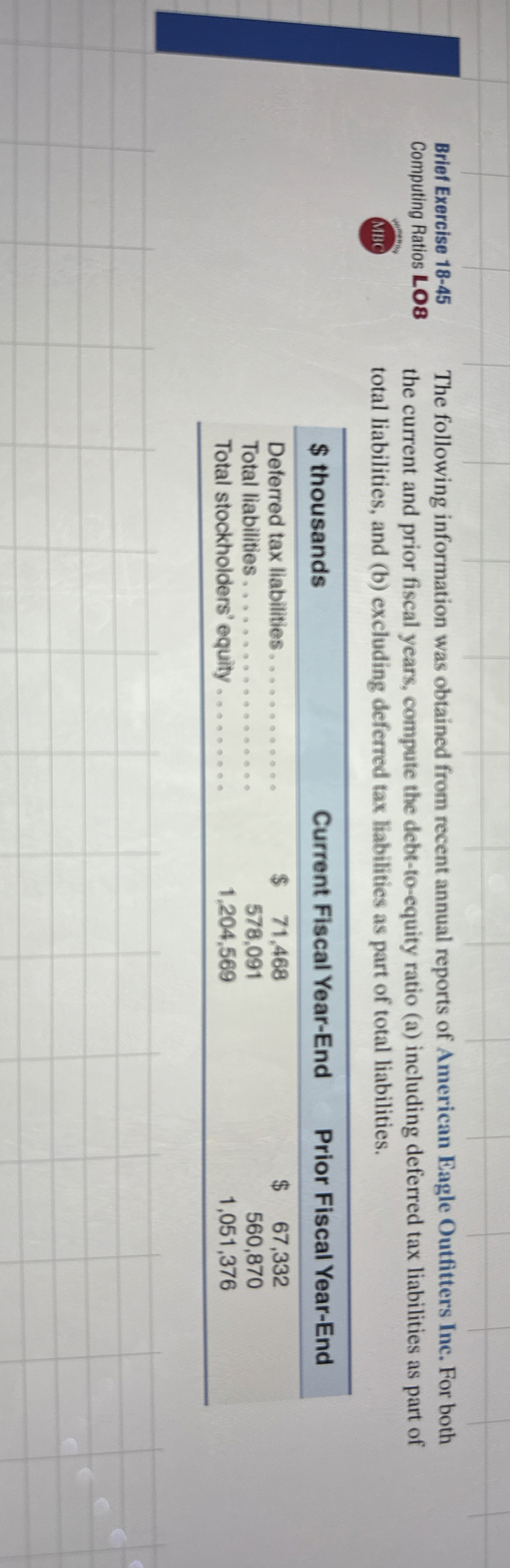  Brief Exercise 18-45 Computing Ratios LO8 MBC The following information was
