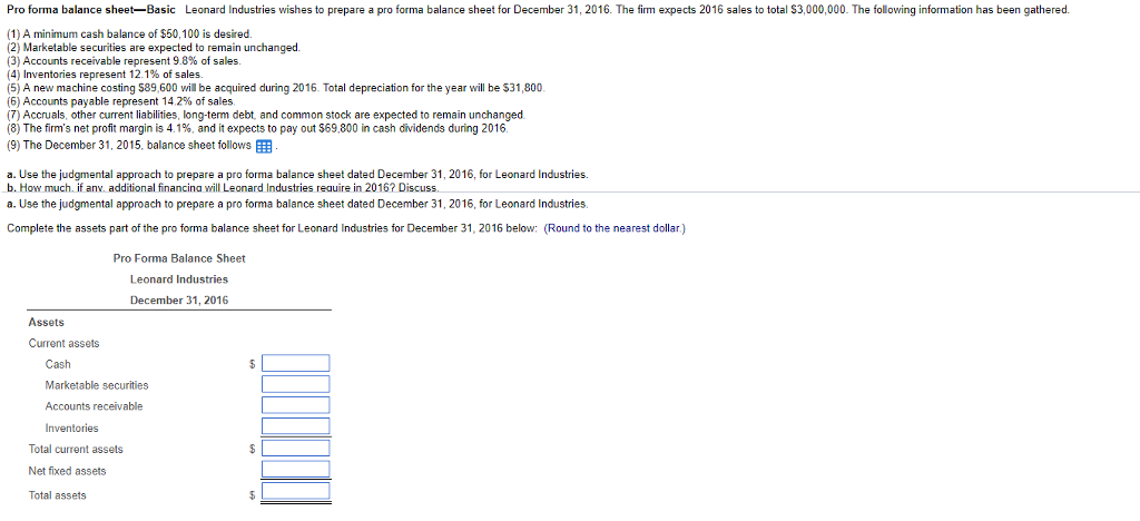  Pro forma balance sheet-Basic Leonard Industries wishes to prepare a pro