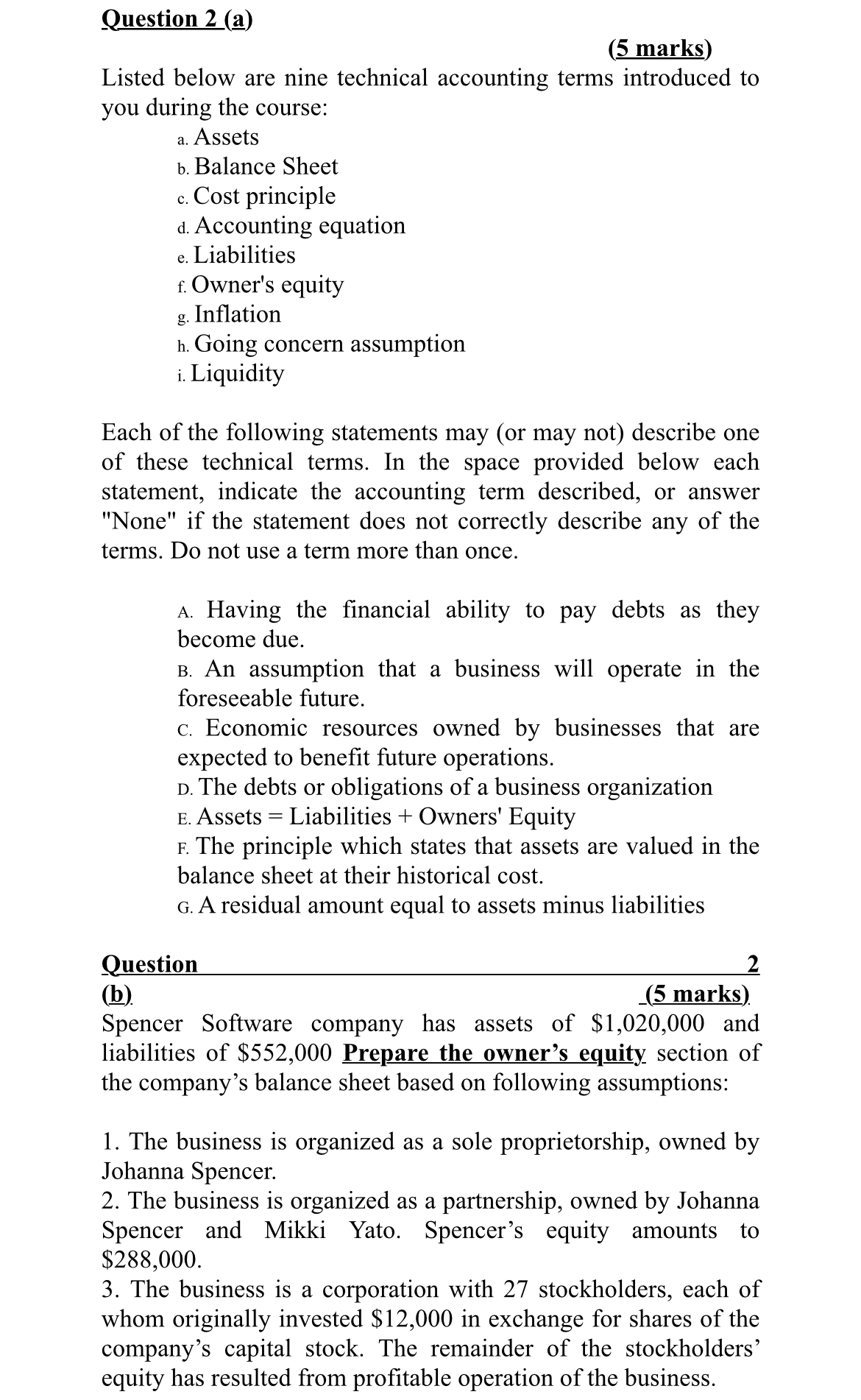  Question 2(a) (5 marks) Listed below are nine technical accounting terms