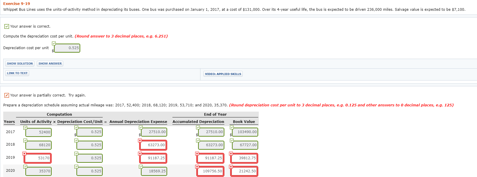  Exercise 9-19 Whippet Bus Lines uses the units-of-activity method in depreciating