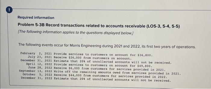 Record transactions for each date. ! Required information Problem 5-3B Record transactions