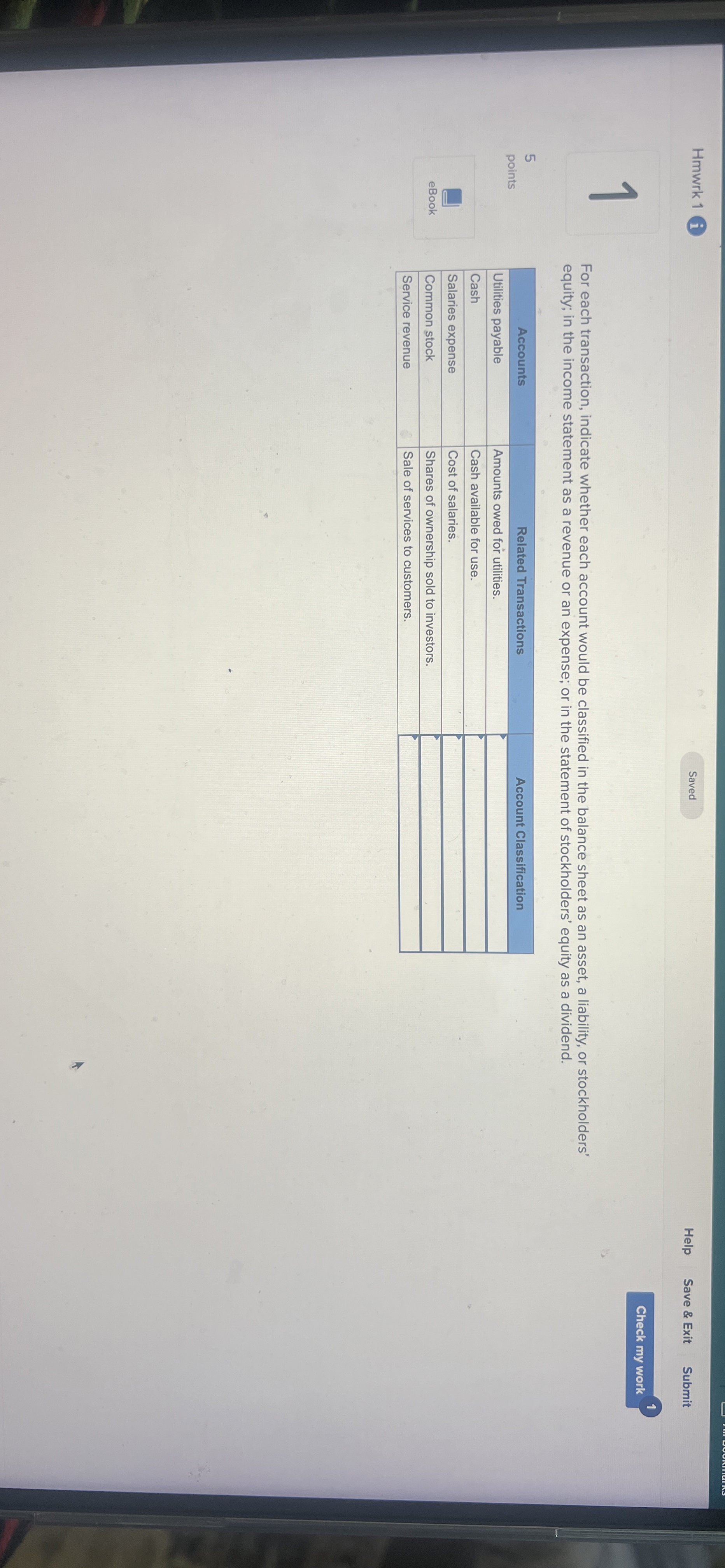  Hmwrk 1 Saved Help Save & Exit Submit 1 For each