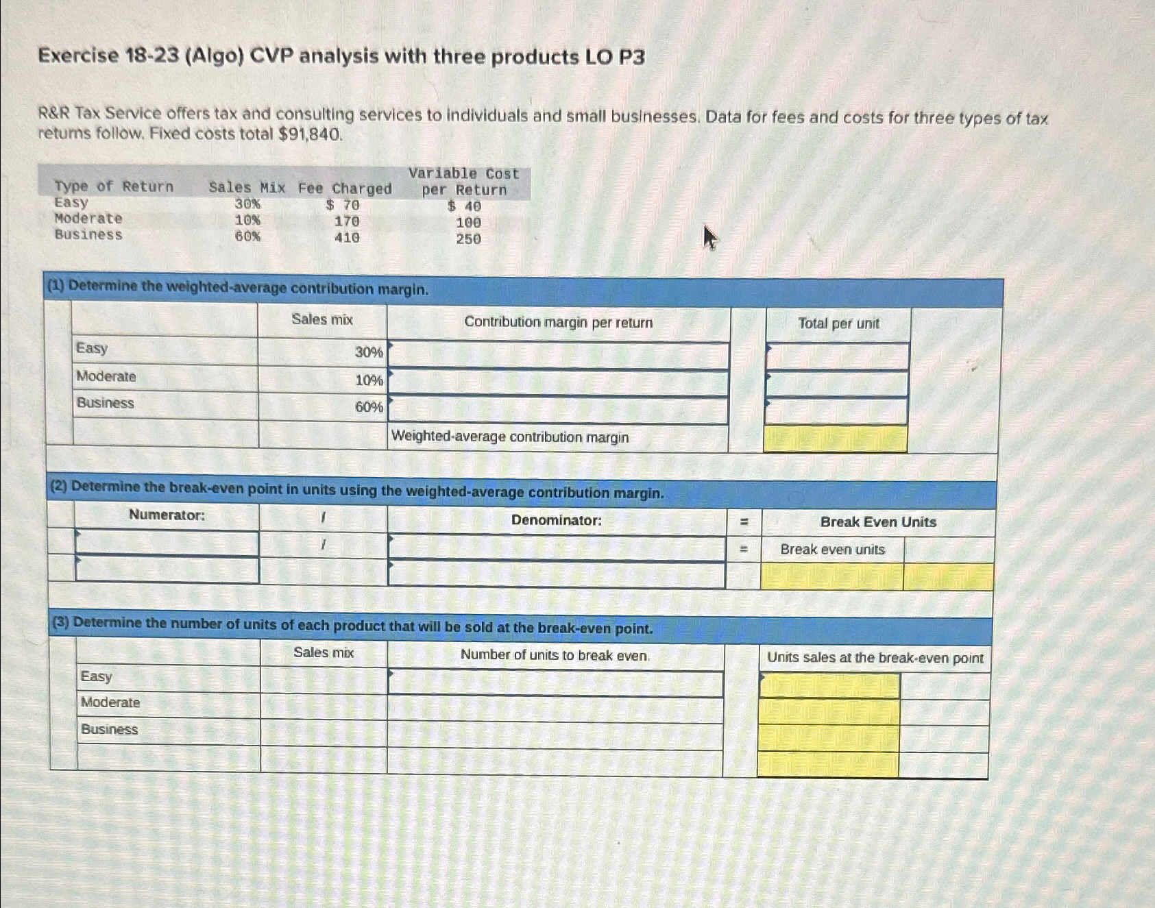  Exercise 18-23(Algo) CVP analysis with three products LO P3 R&R Tax