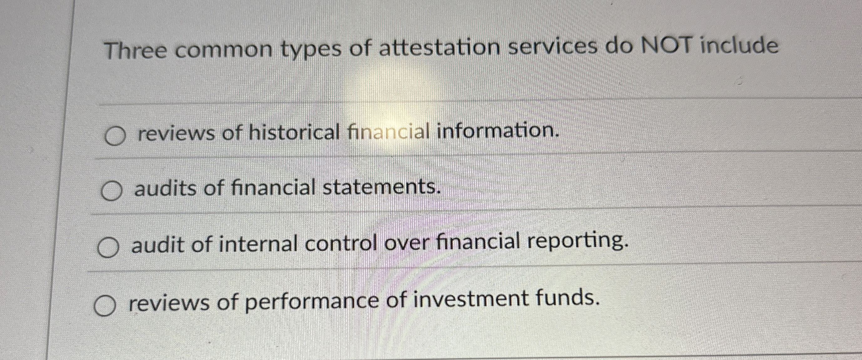  Three common types of attestation services do NOT include reviews of