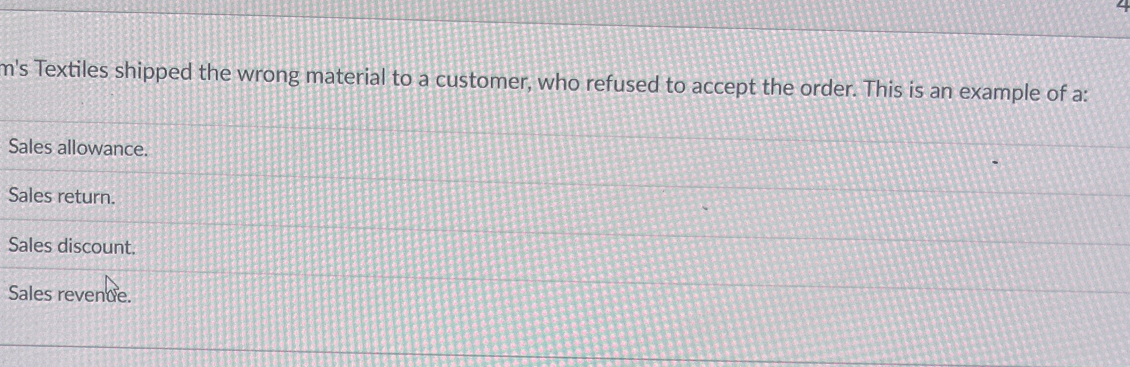  n's Textiles shipped the wrong material to a customer, who refused