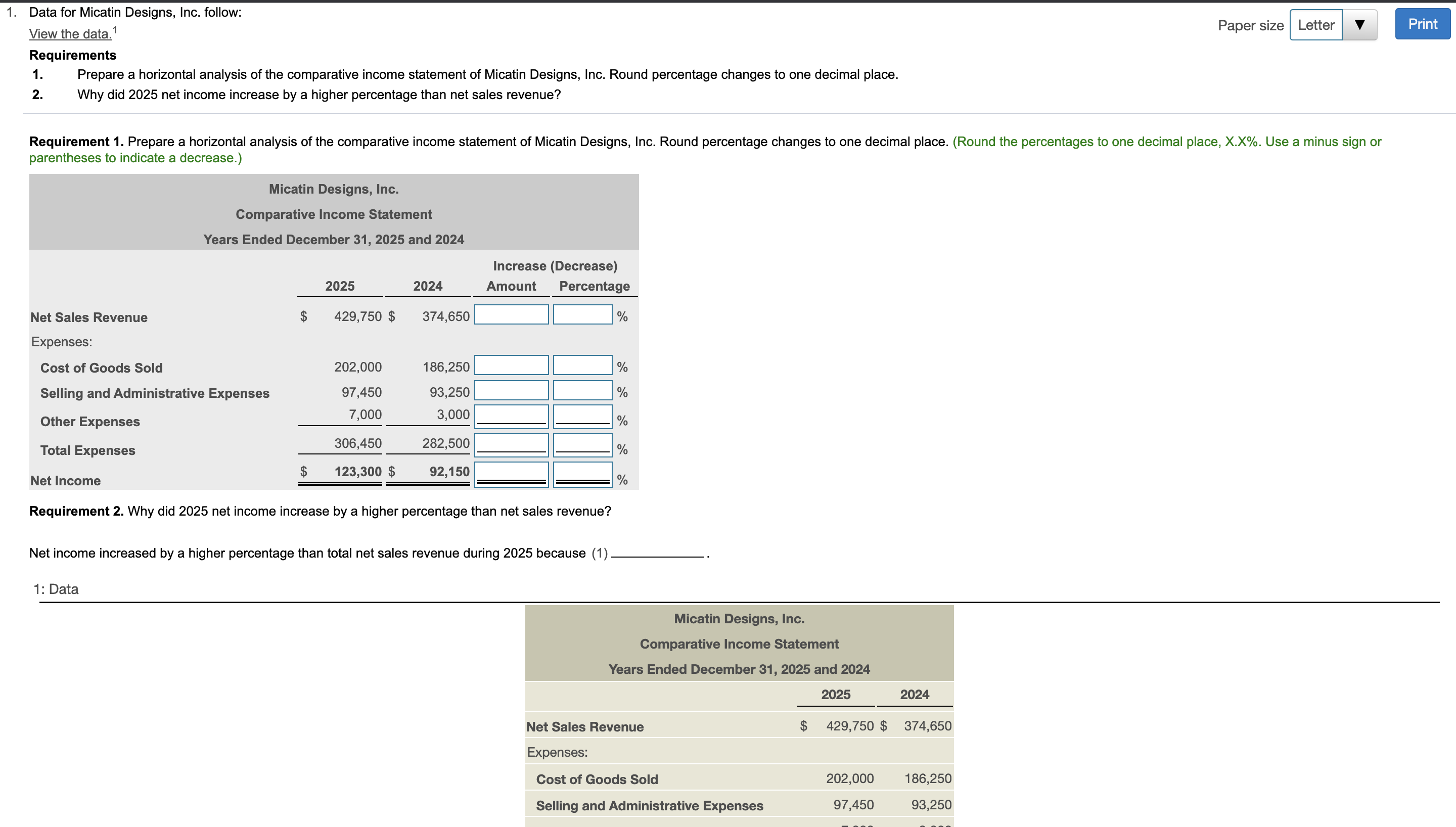  View the data. 1 Requirements 1. Prepare a horizontal analysis of