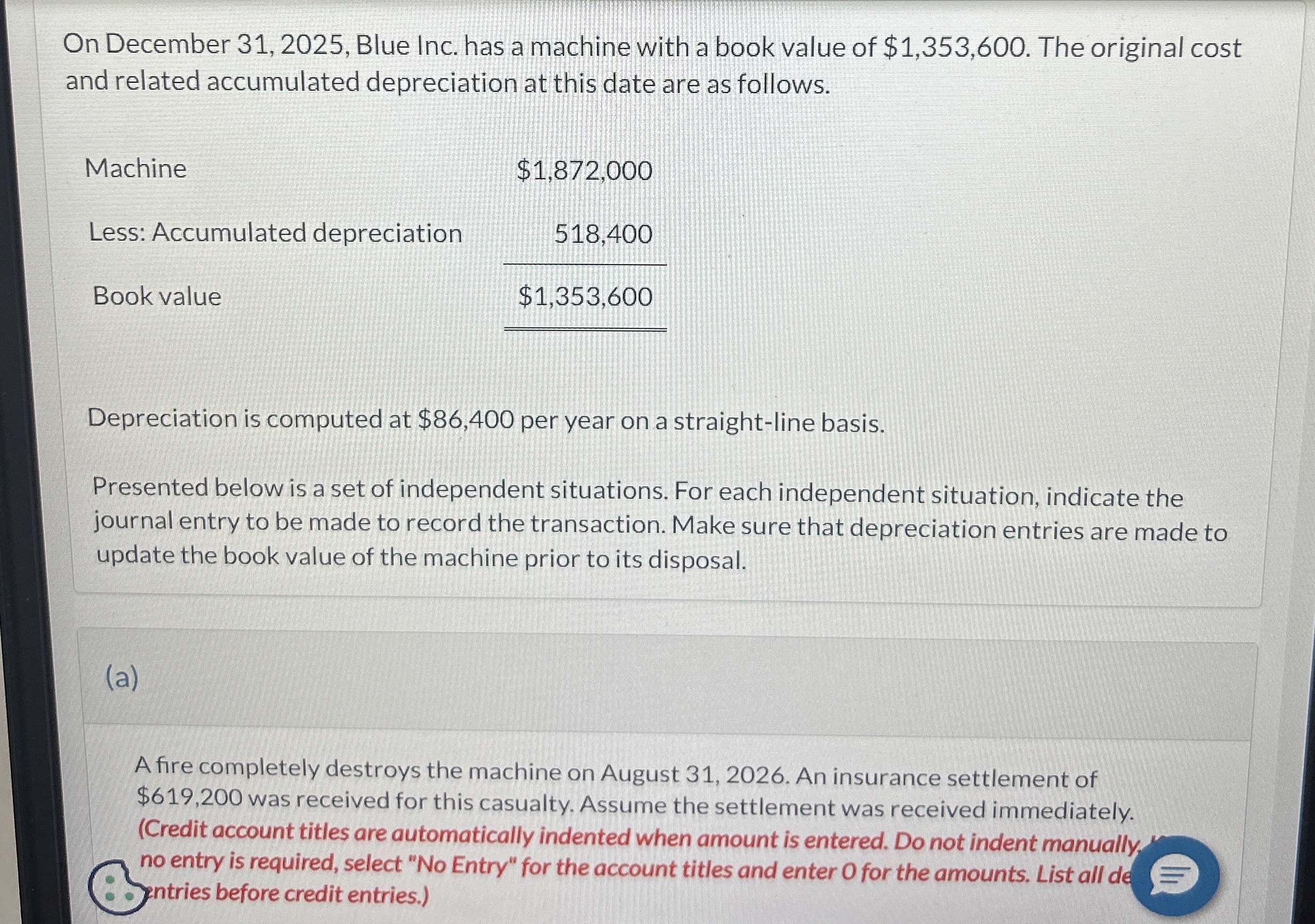  On December 31,2025, Blue Inc. has a machine with a book