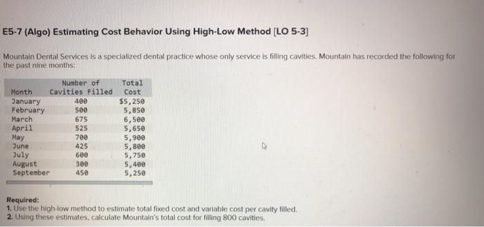  E5-7 (Algo) Estimating Cost Behavior Using High-Low Method [LO 5-3] Mountain
