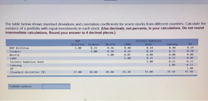  The table below shows standard deviations and correlation coefficients for seven