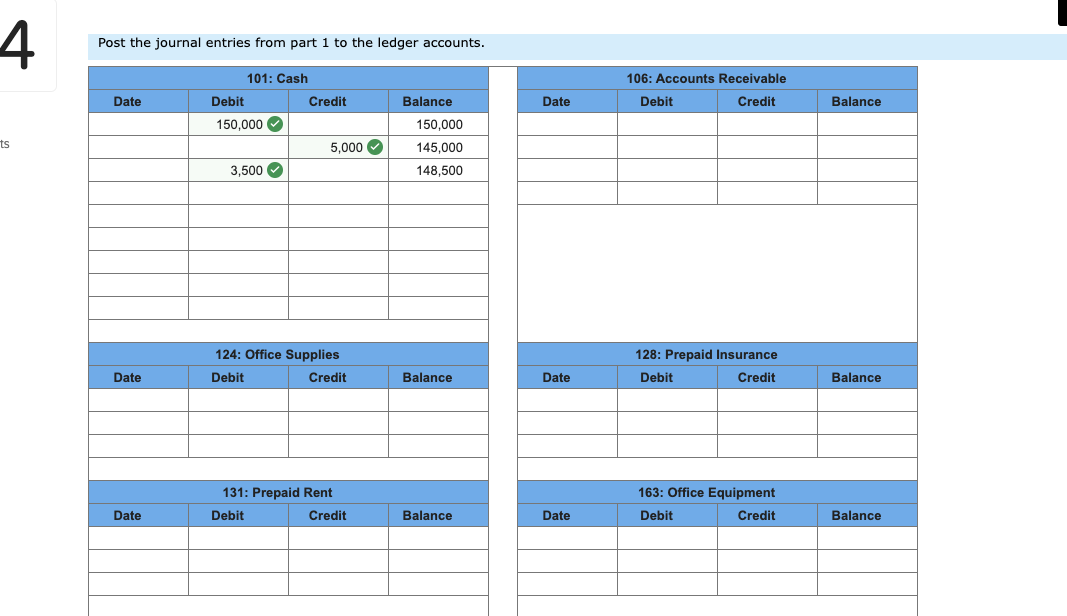 receivable 124: Office supplies 128: Prepaid insurance 131: Prepaid rent 163: Office