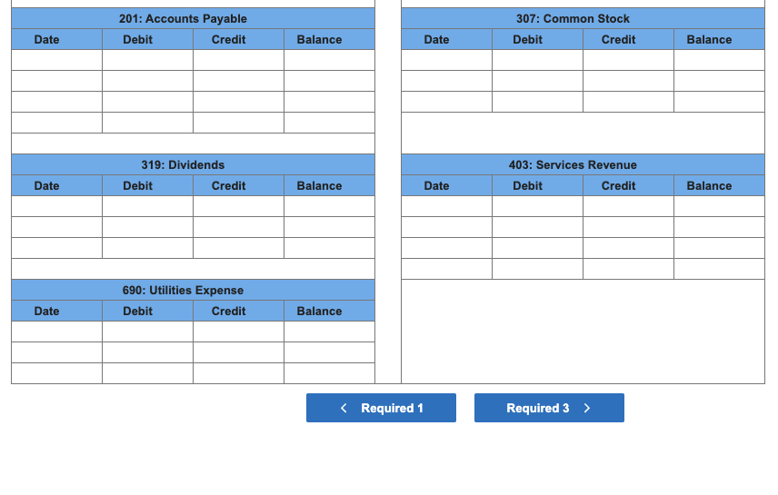 equipment 201: Accounts payable 307: Common stock 319: Dividends 403: Services revenue