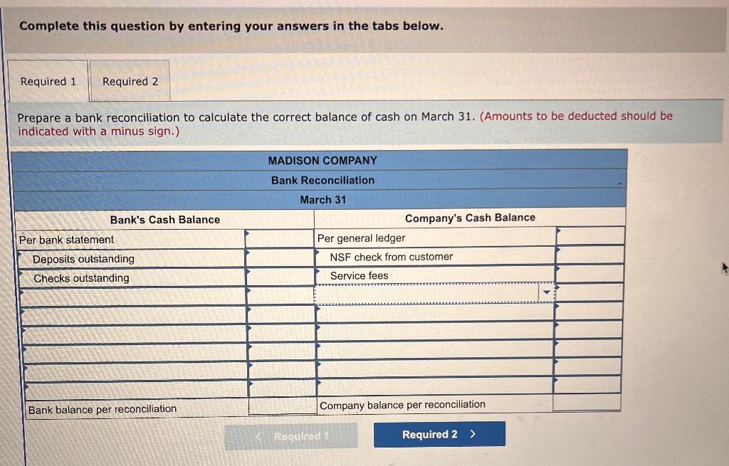 month ending March 31. Information from March's bank statement and company records