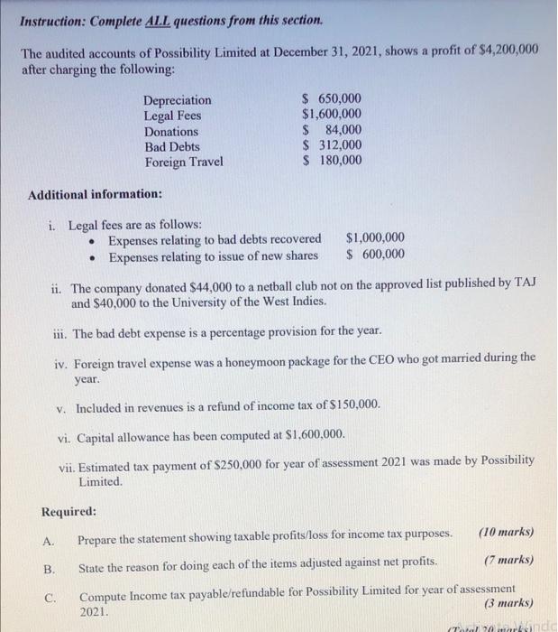 help quickly please Instruction: Complete ALL questions from this section. The audited