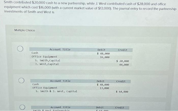  Smith contributed $20,000 cash to a new partnership, while J. West