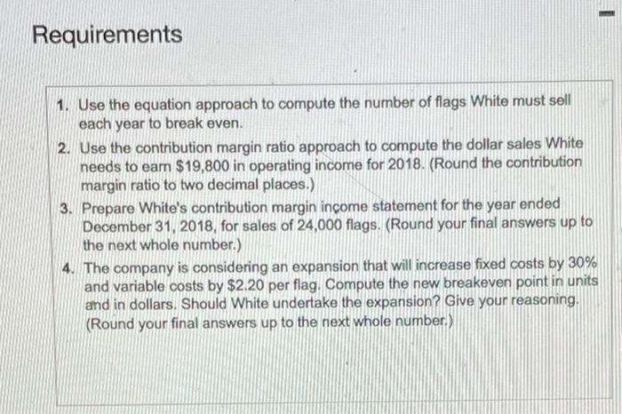 White has fixed costs of $198,000 per year plus variable costs of