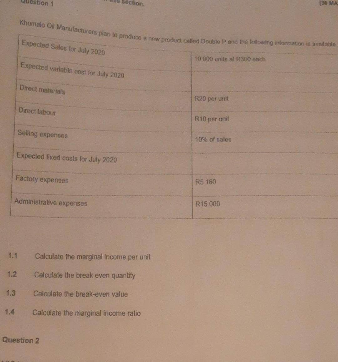 MA section. stion 1 Khumalo Oil Manufacturers plan to produce a new