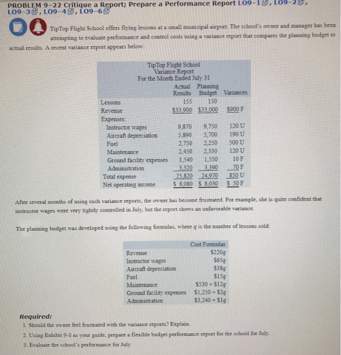  , t09-2g PROBLEM 9-22 Critique a Report; Prepare a Performance Report