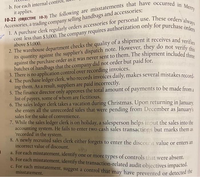  b. For each internal control it applies. Accessories, a trading company