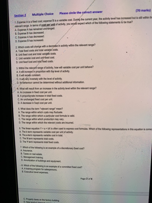  Section 2 Multiple Choice Please circle the correct answer 1. Expense
