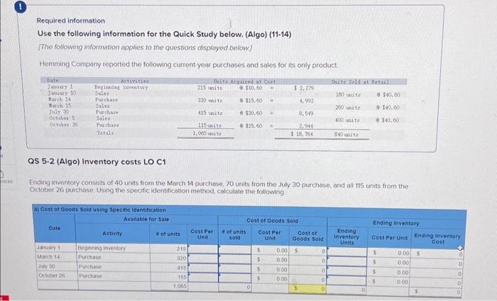  Required information Use the following information for the Quick Study below.
