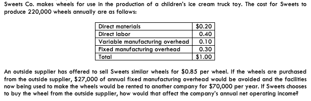 Please show work and formulas. Sweets Co. makes wheels for use in