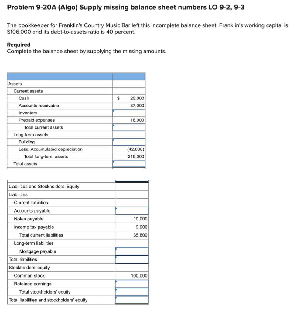  Problem 9-20A (Algo) Supply missing balance sheet numbers LO 9-2, 9-3