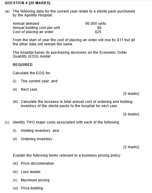  QUESTION 4 [20 MARKS] (a) The following data for the current