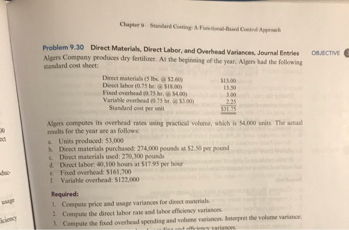  Chapter 9 Standard Costing: A Functional-Based Control Approach OBJECTIVE Problem 9.30