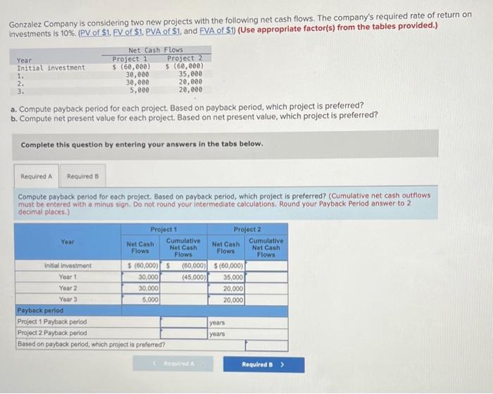 please answer ASAP Gonzalez Company is considering two new projects with the