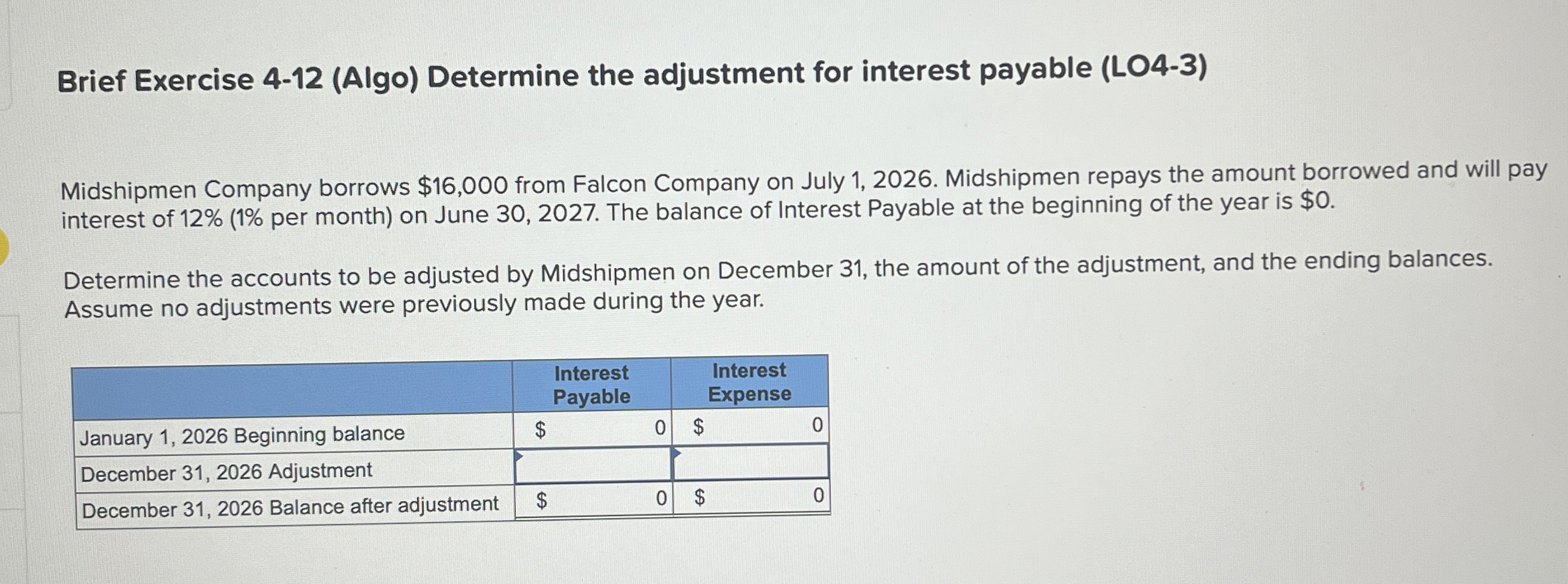  Brief Exercise 4-12(Algo) Determine the adjustment for interest payable (LO4-3) Midshipmen
