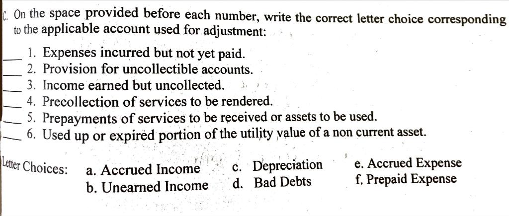 On the space provided before each number, write the correct letter