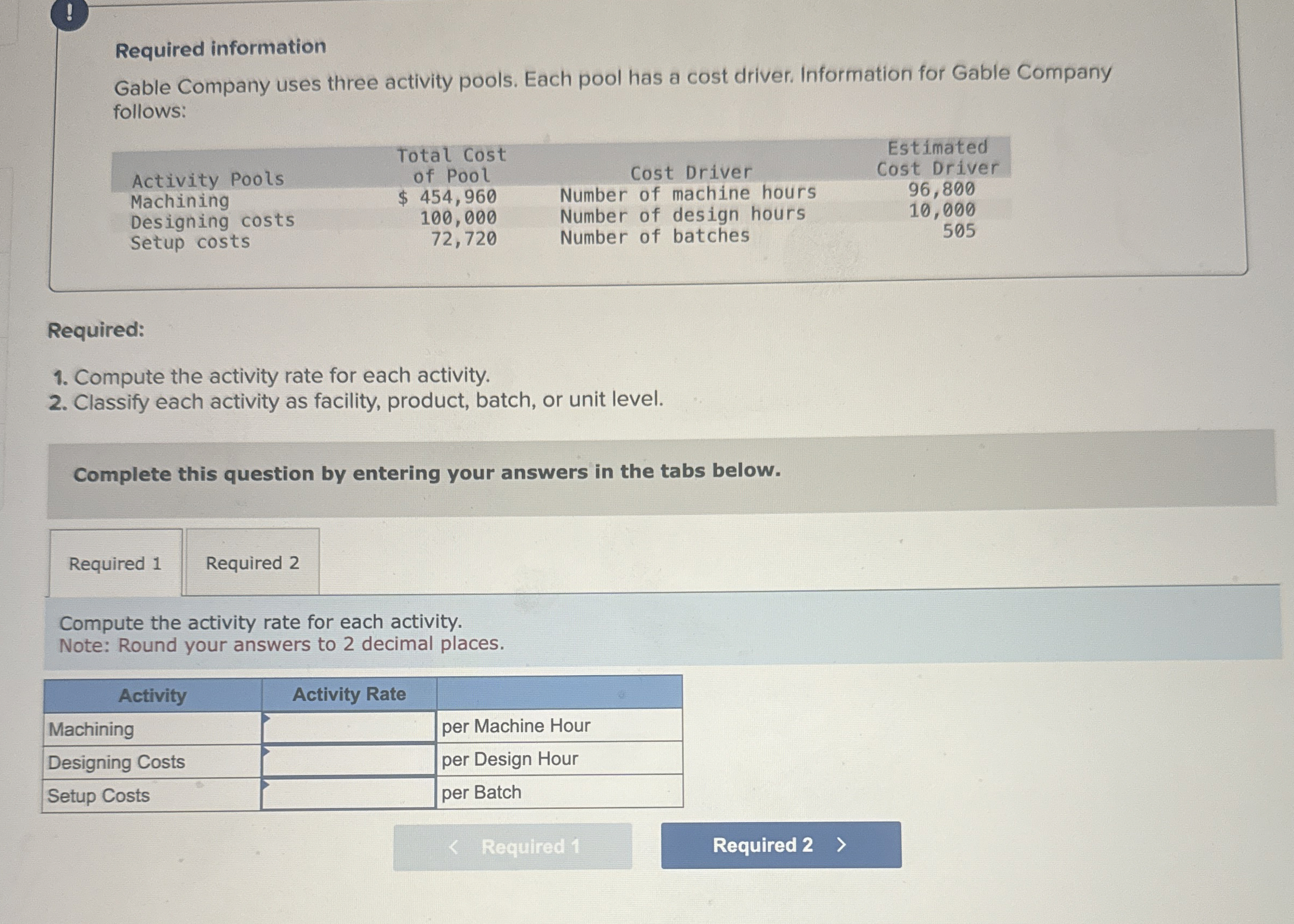  Required information Gable Company uses three activity pools. Each pool has