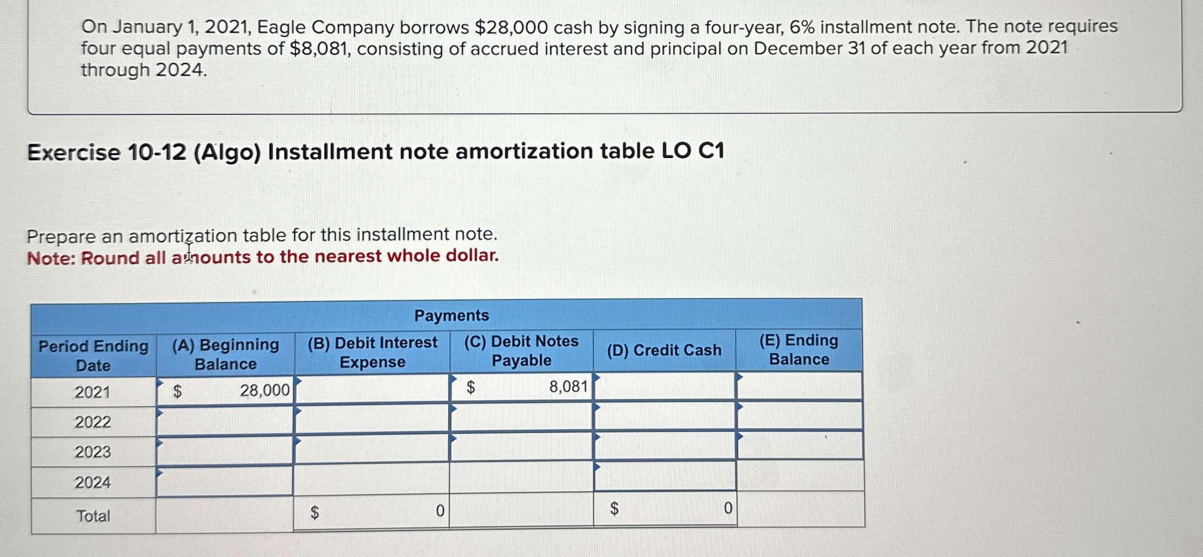  On January 1,2021, Eagle Company borrows $28,000 cash by signing a