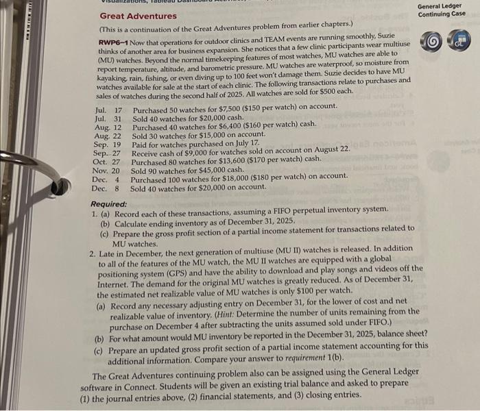 Great Adventures General Ledger Continuing Case (This is a continuation of