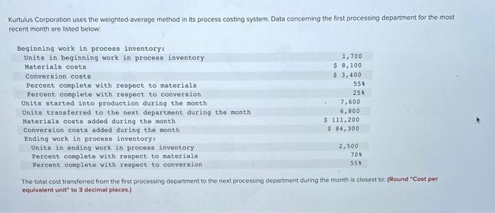  Kurtulus Corporation uses the weighted average method in its process costing