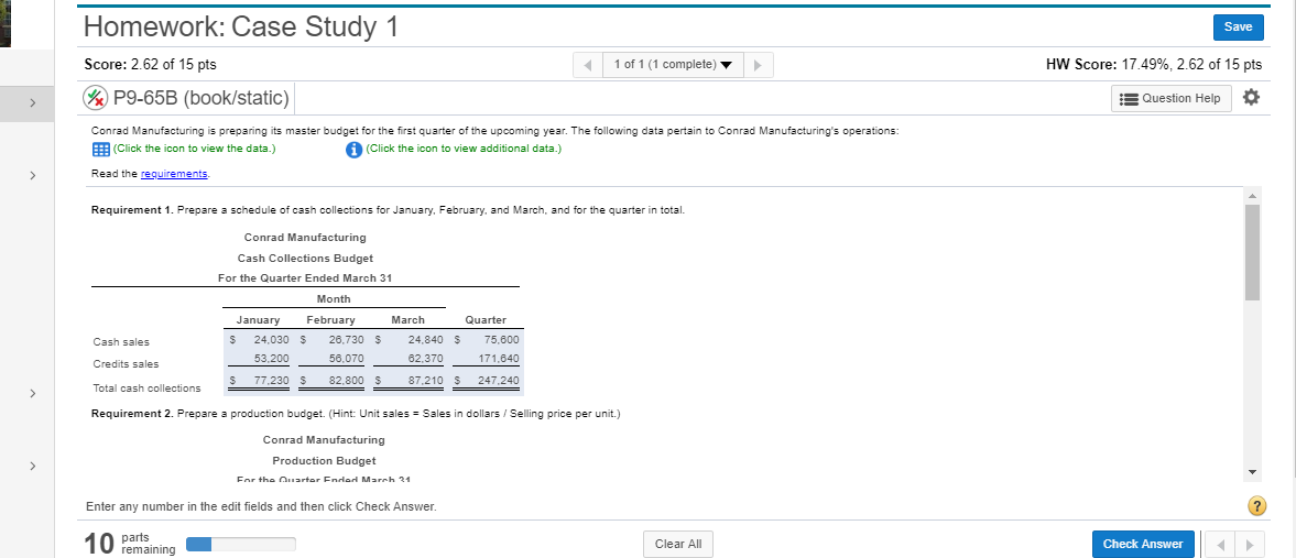 pts Question Help Conrad Manufacturing is preparing its master budget for the