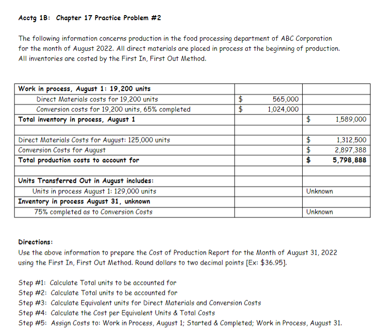  Chapter 17 Practice Problem #1 Fall 2024 The following information concerns