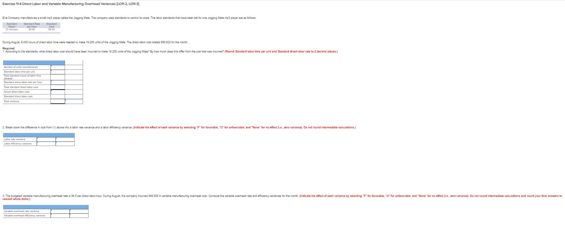  Exercise 11-4 Direct Labor and Variable Manufacturing Overhead Variances (LO11-2, LO11-3]