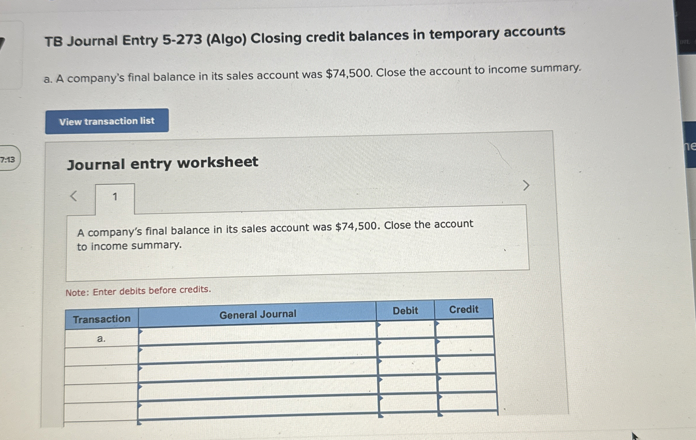  TB Journal Entry 5-273(Algo) Closing credit balances in temporary accounts a.