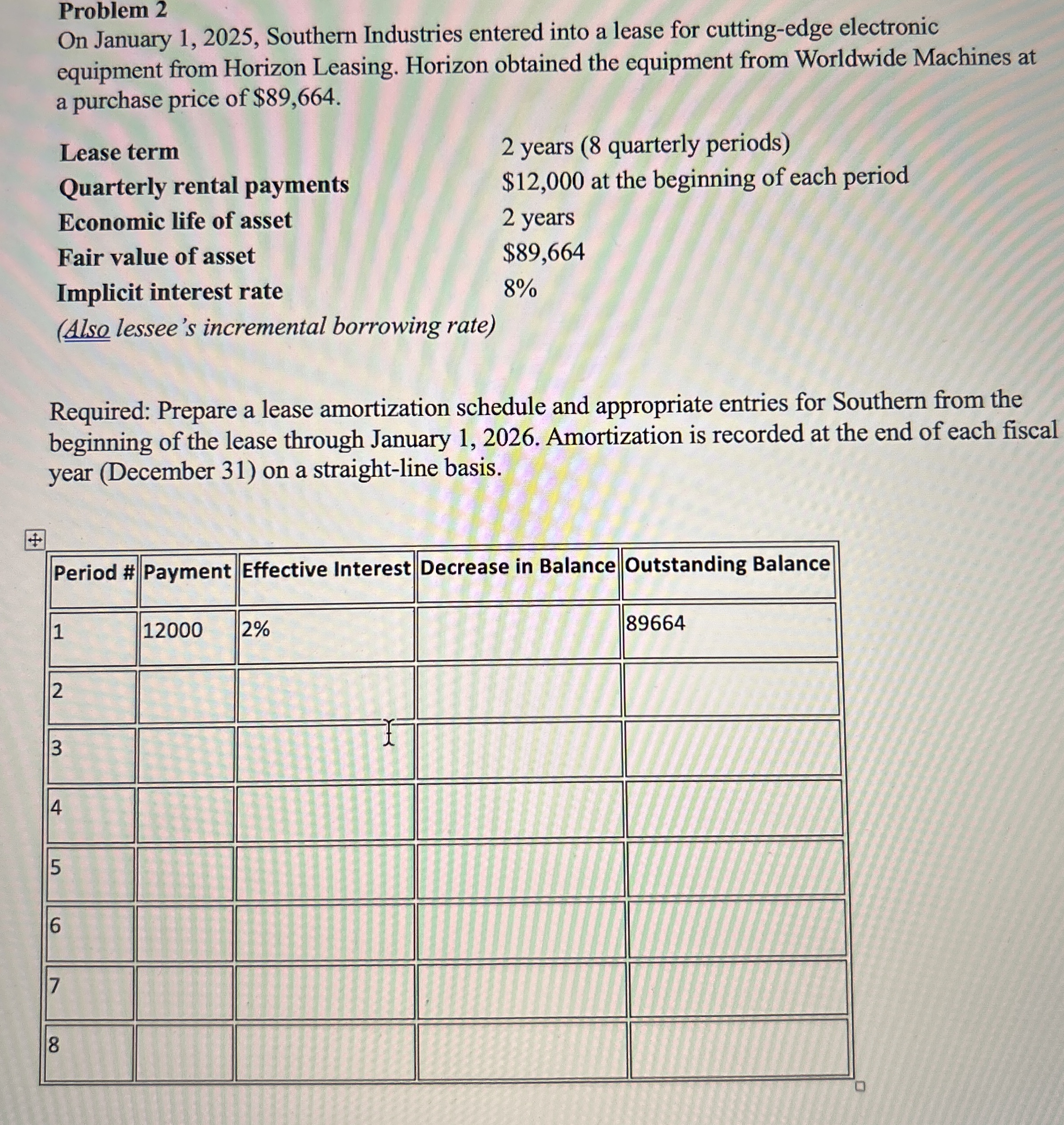  Problem 2 On January 1,2025, Southern Industries entered into a lease