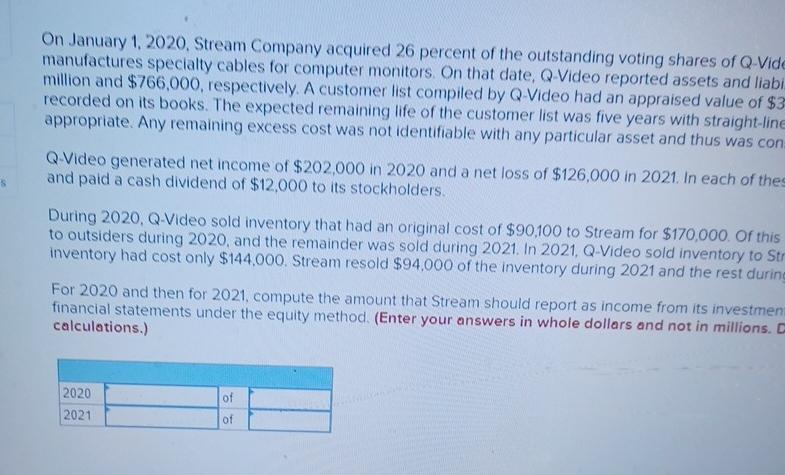  On January 1,2020, Stream Company acquired 26 percent of the outstanding