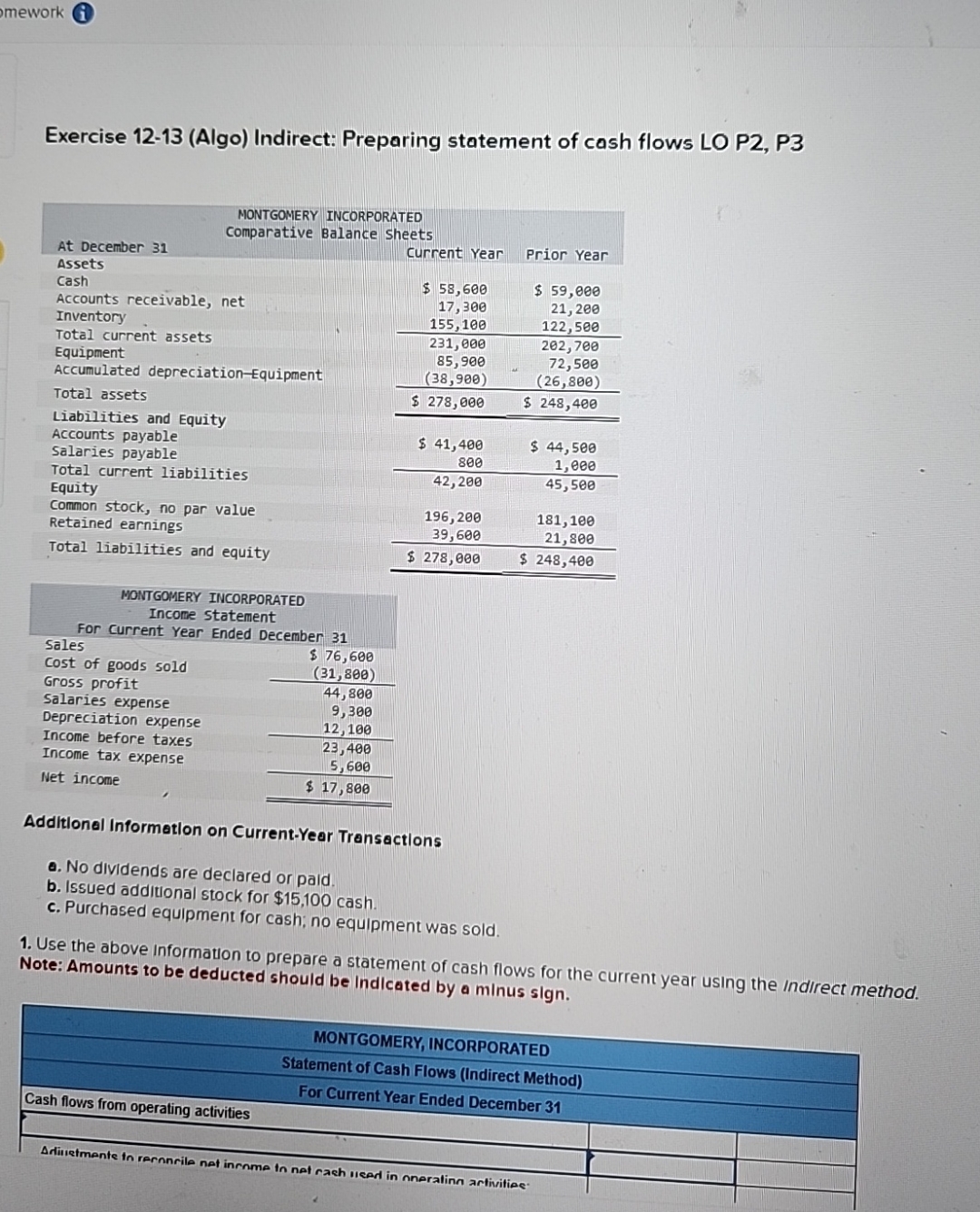  Exercise 12-13(Algo) Indirect: Preparing statement of cash flows LO P2, P3