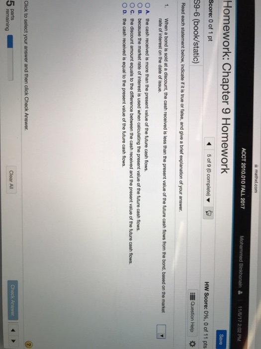  ACCT 2010.010 FALL 2017 Homework: Chapter 9 Homework Score: 0 of