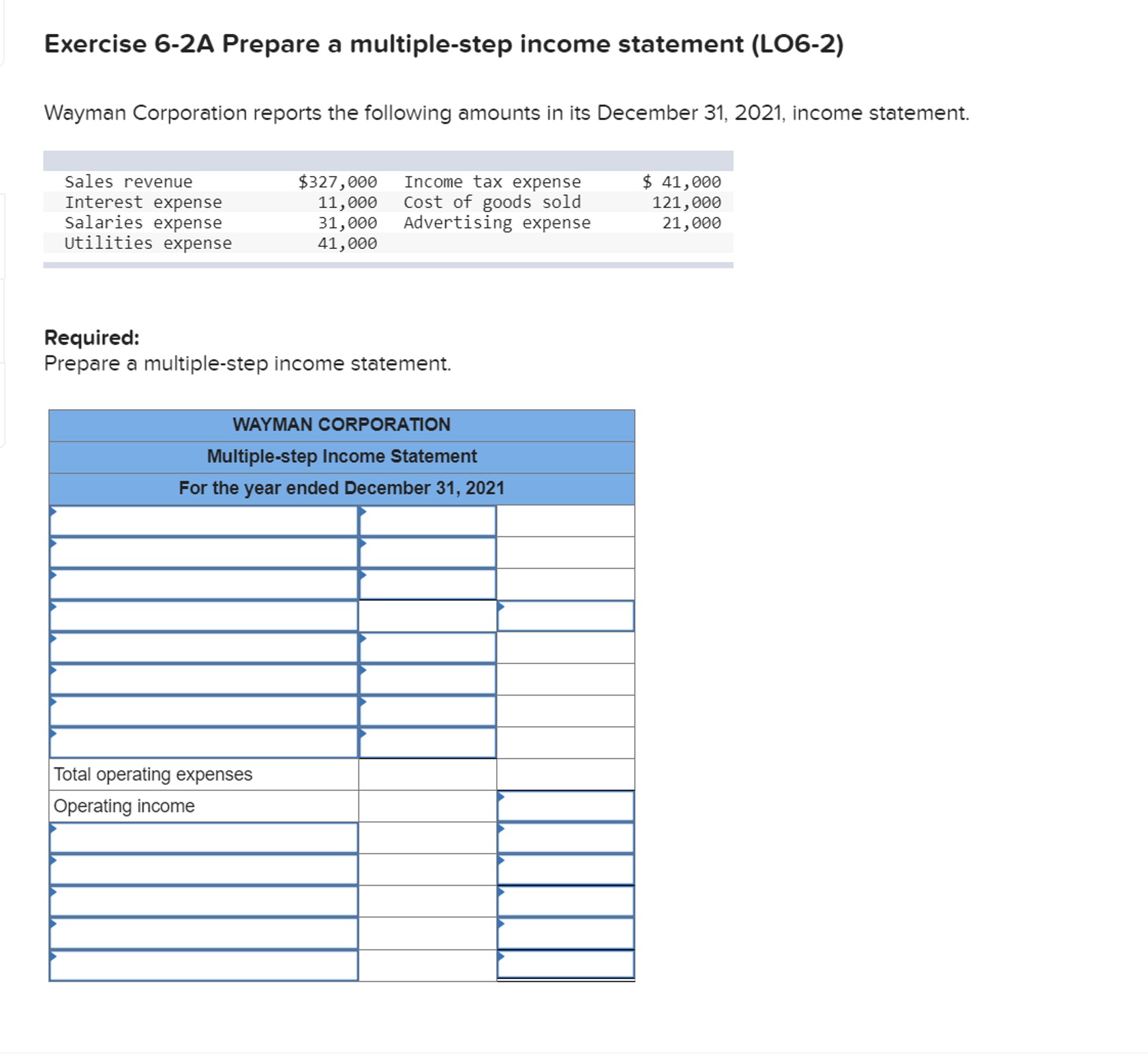  Exercise 6-2A Prepare a multiple-step income statement (LO6-2) Wayman Corporation reports